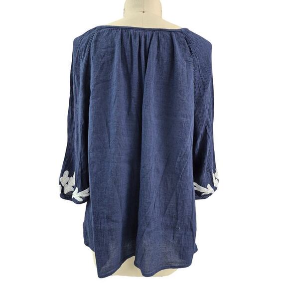 Charter Club Cotton Blend Gauzy Top Navy Blue White Embroidered Flowers Sz XL - Picture 3 of 5
